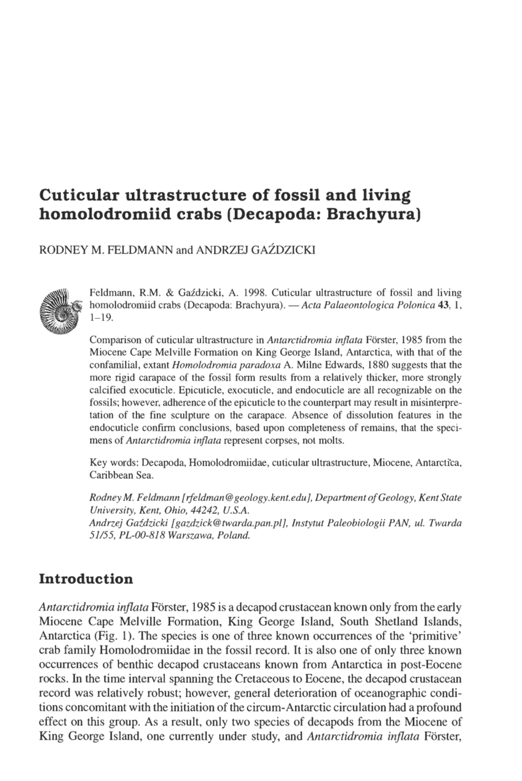 Cuticular Ultrastructure of Fossil and Living Homolodromiid Crabs (Decapoda: Brachyura)