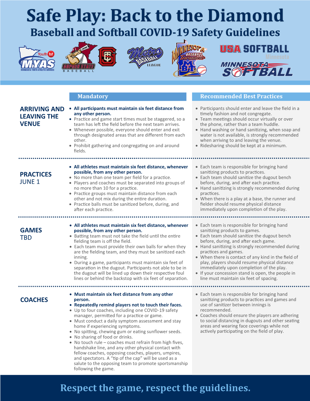 Safe Play: Back to the Diamond Baseball and Softball COVID-19 Safety Guidelines