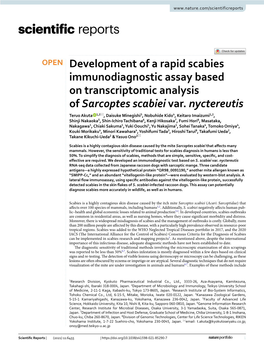 Development of a Rapid Scabies Immunodiagnostic Assay Based on Transcriptomic Analysis of Sarcoptes Scabiei Var