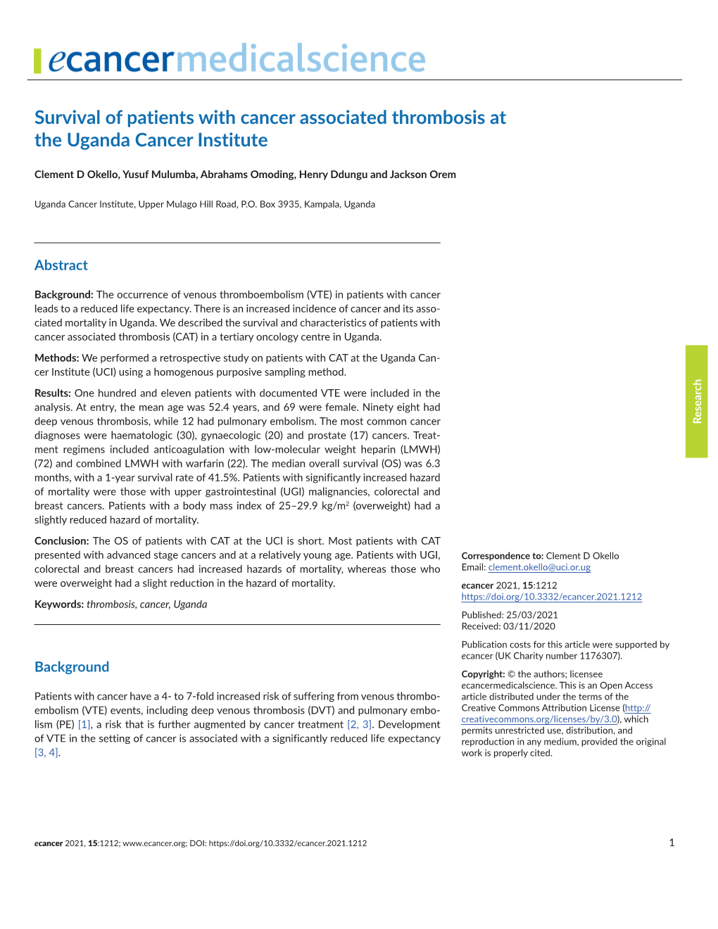 Survival of Patients with Cancer Associated Thrombosis at the Uganda Cancer Institute