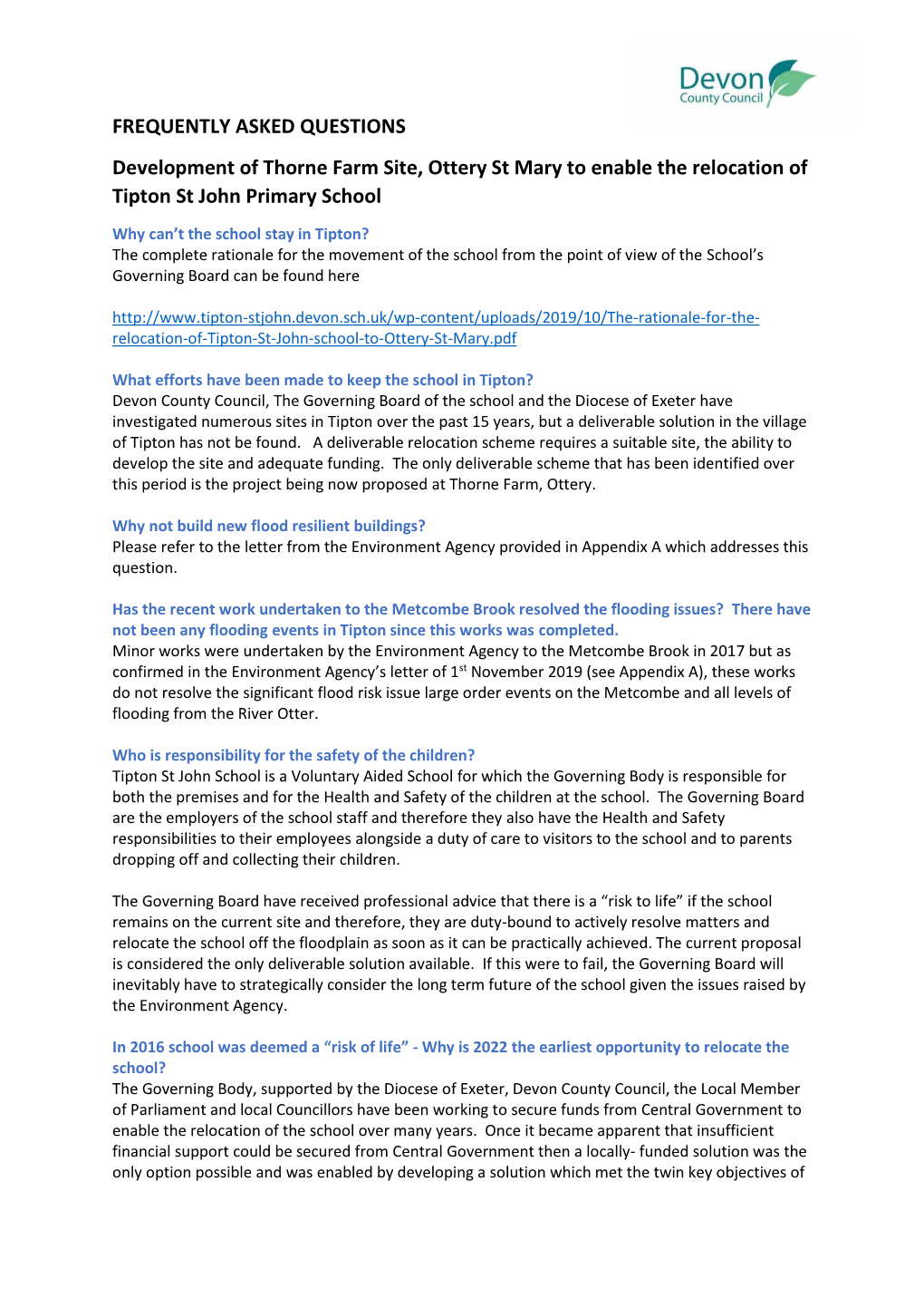 FREQUENTLY ASKED QUESTIONS Development of Thorne Farm Site, Ottery St Mary to Enable the Relocation of Tipton St John Primary School