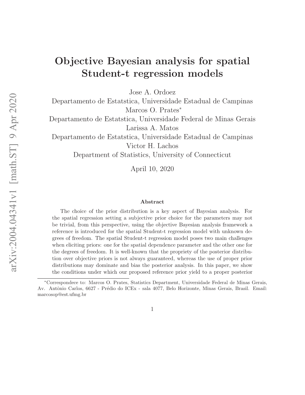 Objective Bayesian Analysis for Spatial Student-T Regression Models