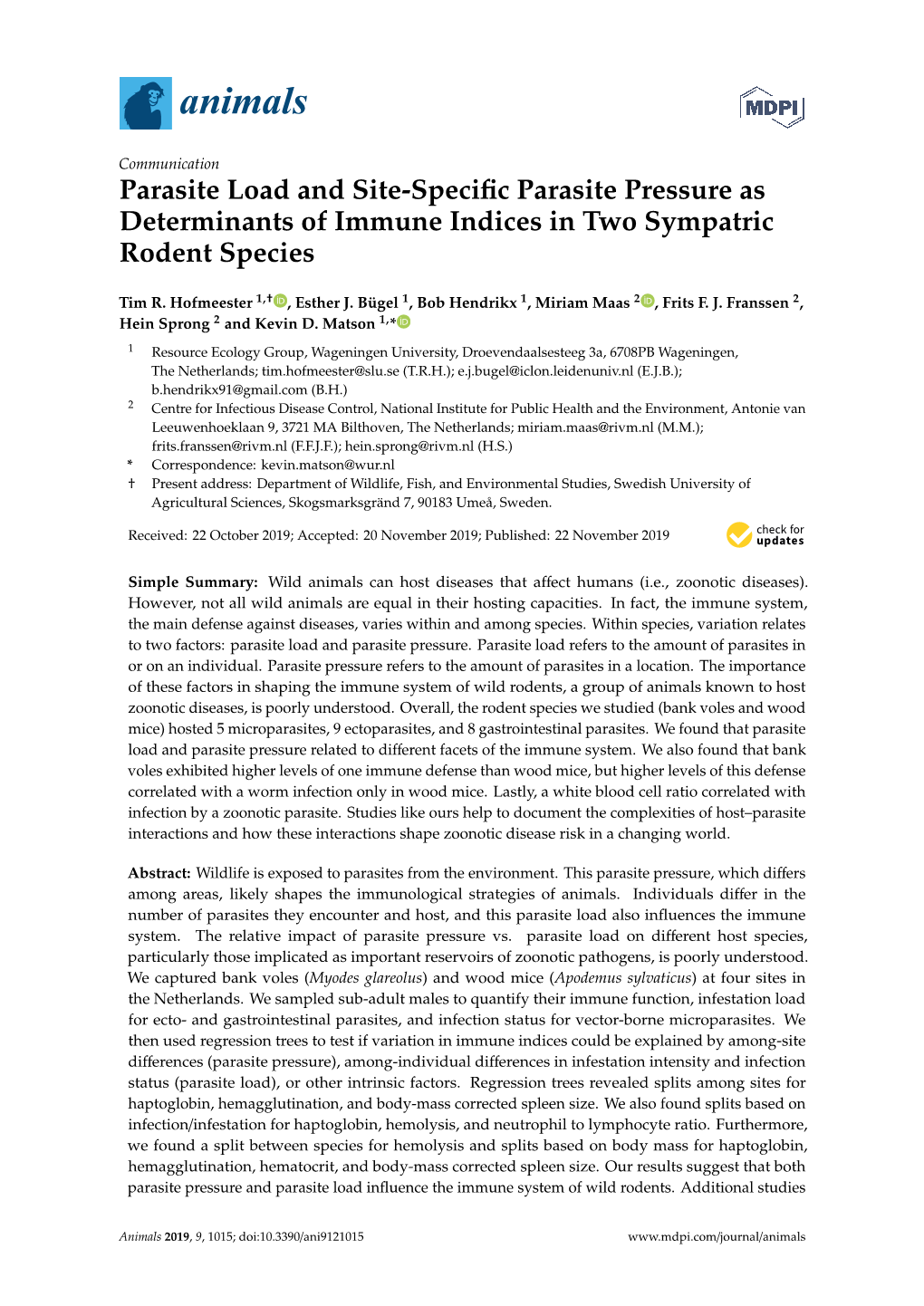 Parasite Load and Site-Specific Parasite Pressure As Determinants