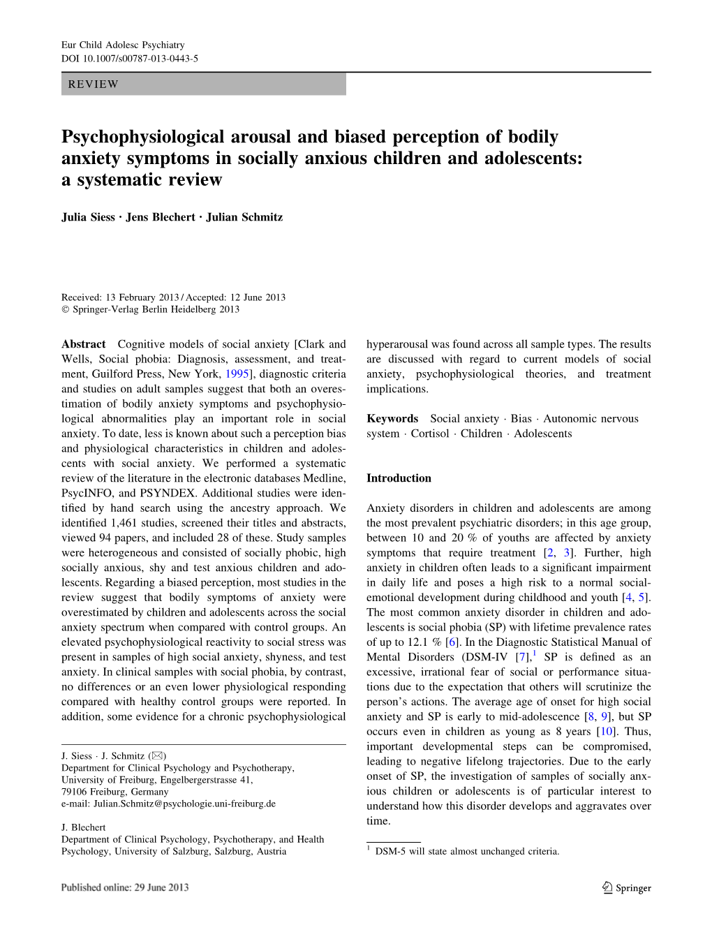 Psychophysiological Arousal and Biased Perception of Bodily Anxiety Symptoms in Socially Anxious Children and Adolescents: a Systematic Review
