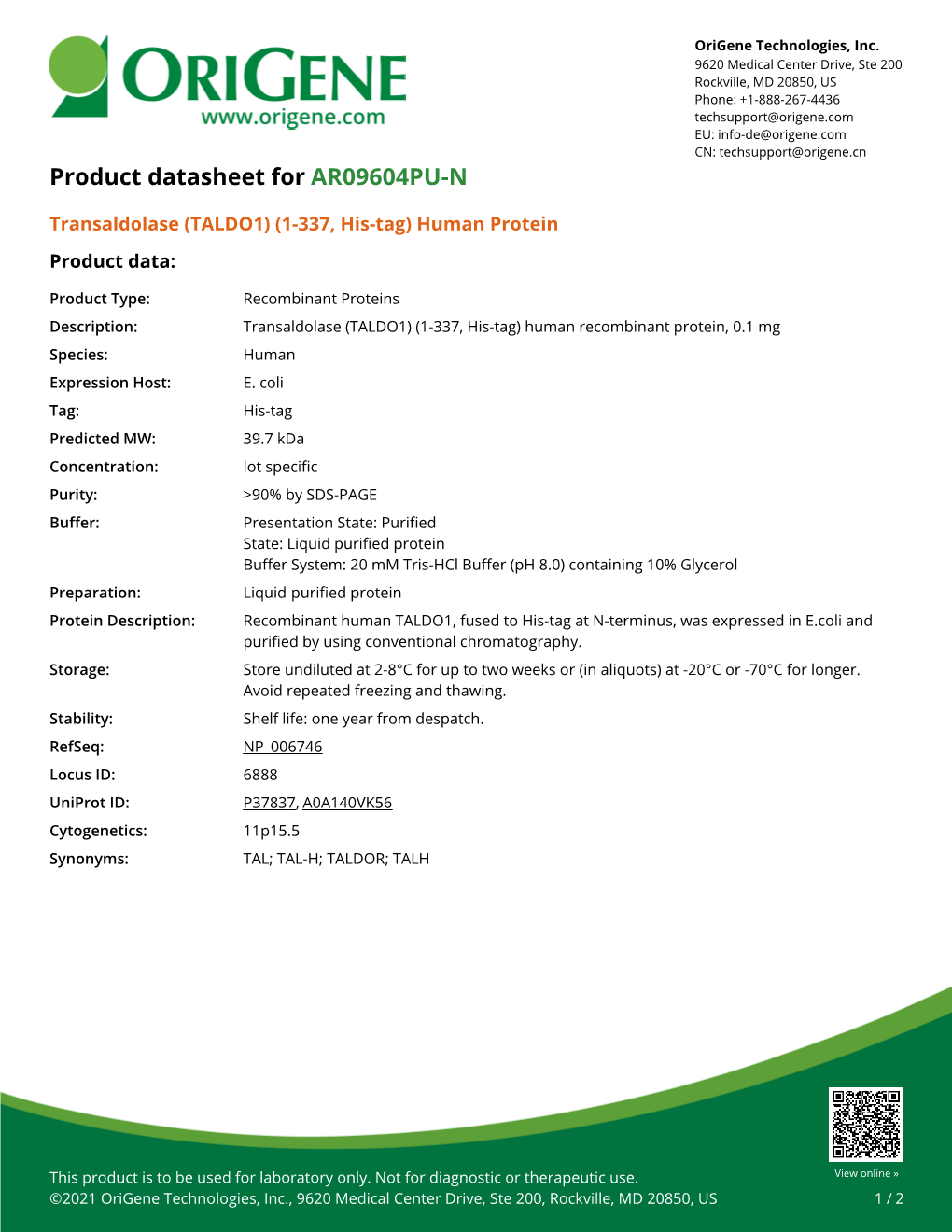 Transaldolase (TALDO1) (1-337, His-Tag) Human Protein Product Data