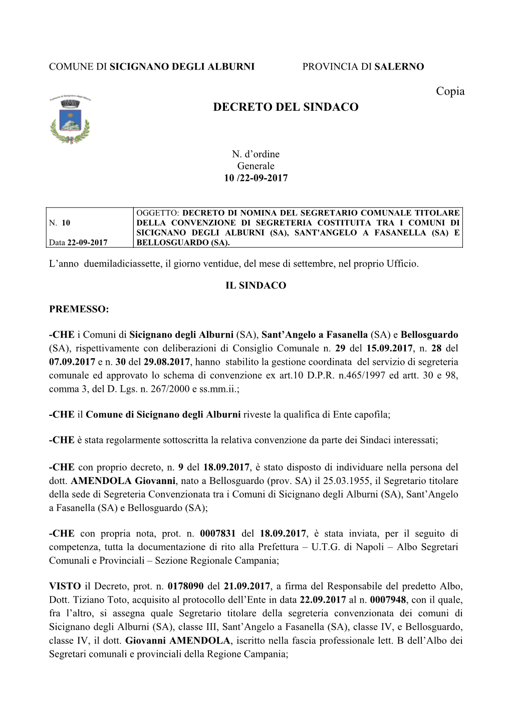 Page 1 COMUNE DI SICIGNANO DEGLI ALBURNI PROVINCIA DI