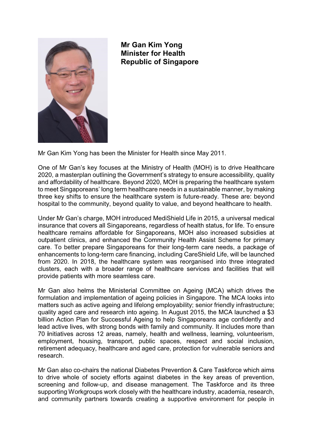 Mr Gan Kim Yong Minister for Health Republic of Singapore