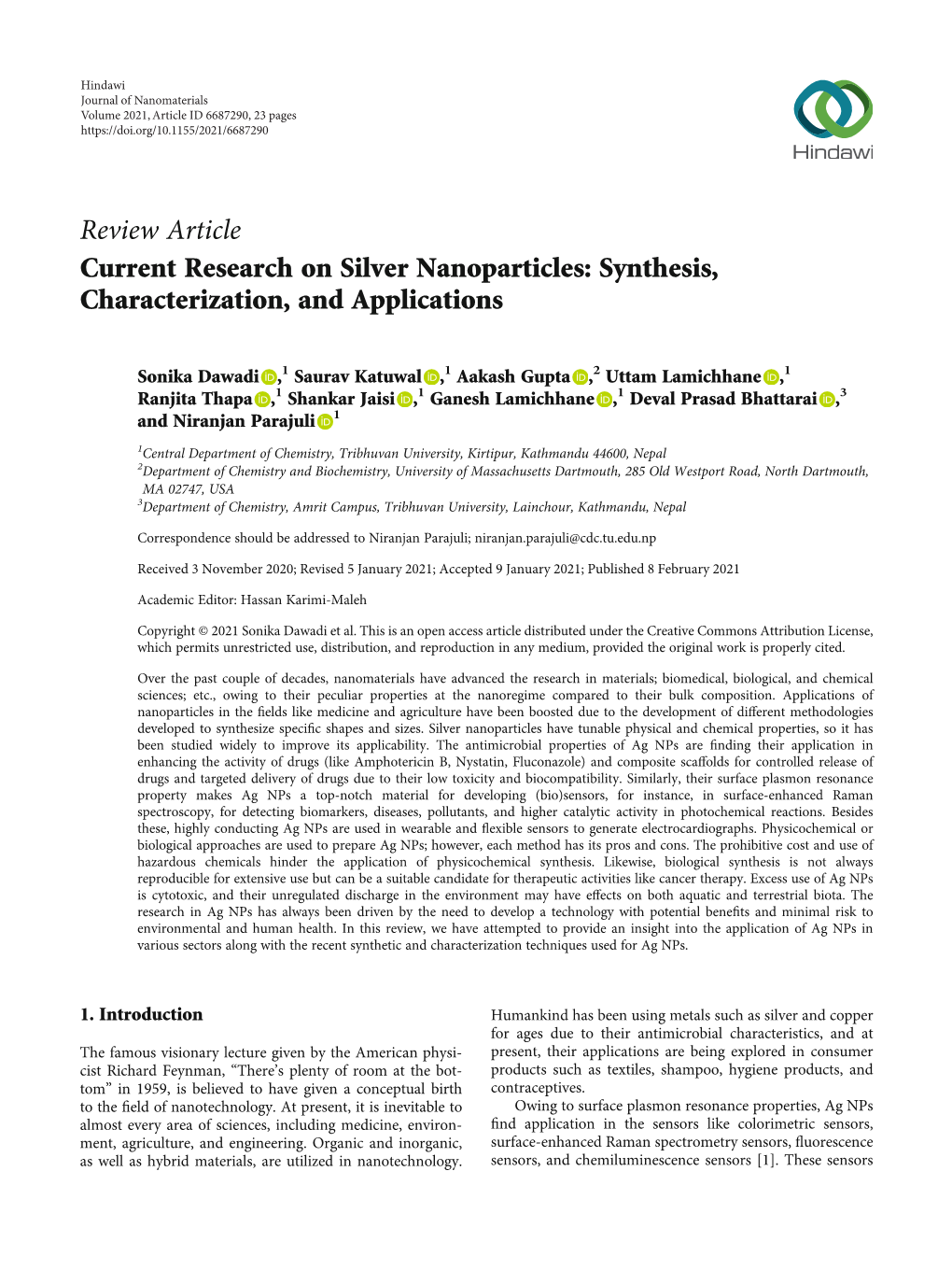 Current Research on Silver Nanoparticles: Synthesis, Characterization, and Applications