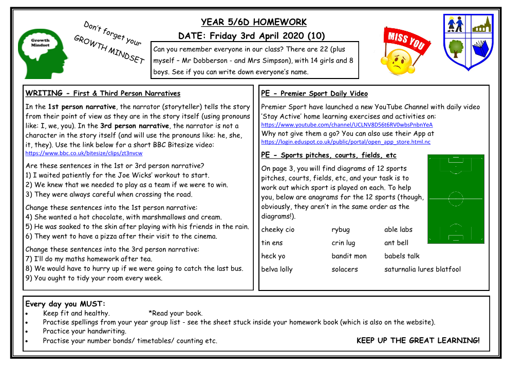 YEAR 5/6D HOMEWORK DATE: Friday 3Rd April 2020 (10)