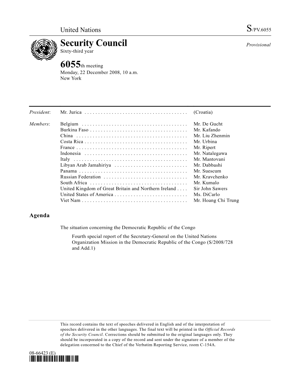 Security Council Provisional Sixty-Third Year