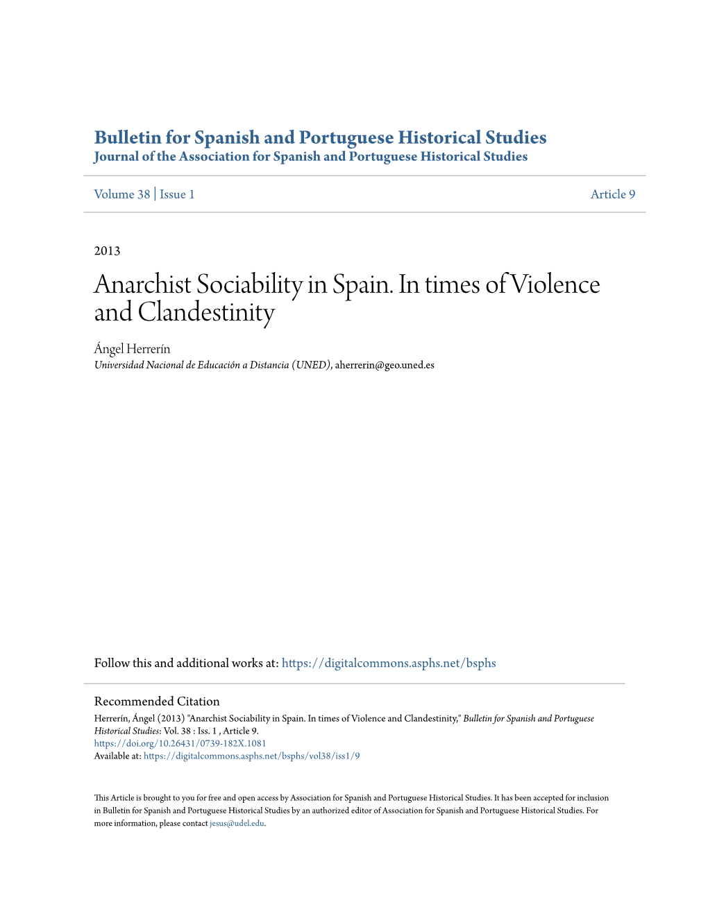 Anarchist Sociability in Spain. in Times of Violence and Clandestinity Ángel Herrerín Universidad Nacional De Educación a Distancia (UNED), Aherrerin@Geo.Uned.Es