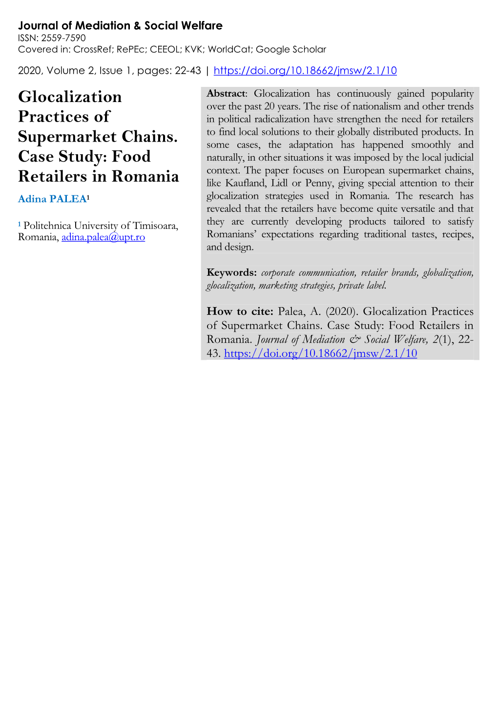 Glocalization Practices of Supermarket Chains. Case Study: Food Retailers in Romania