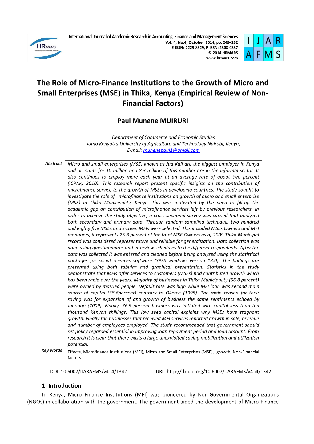 The Role of Micro-Finance Institutions to the Growth of Micro and Small Enterprises (MSE) in Thika, Kenya (Empirical Review of Non- Financial Factors)