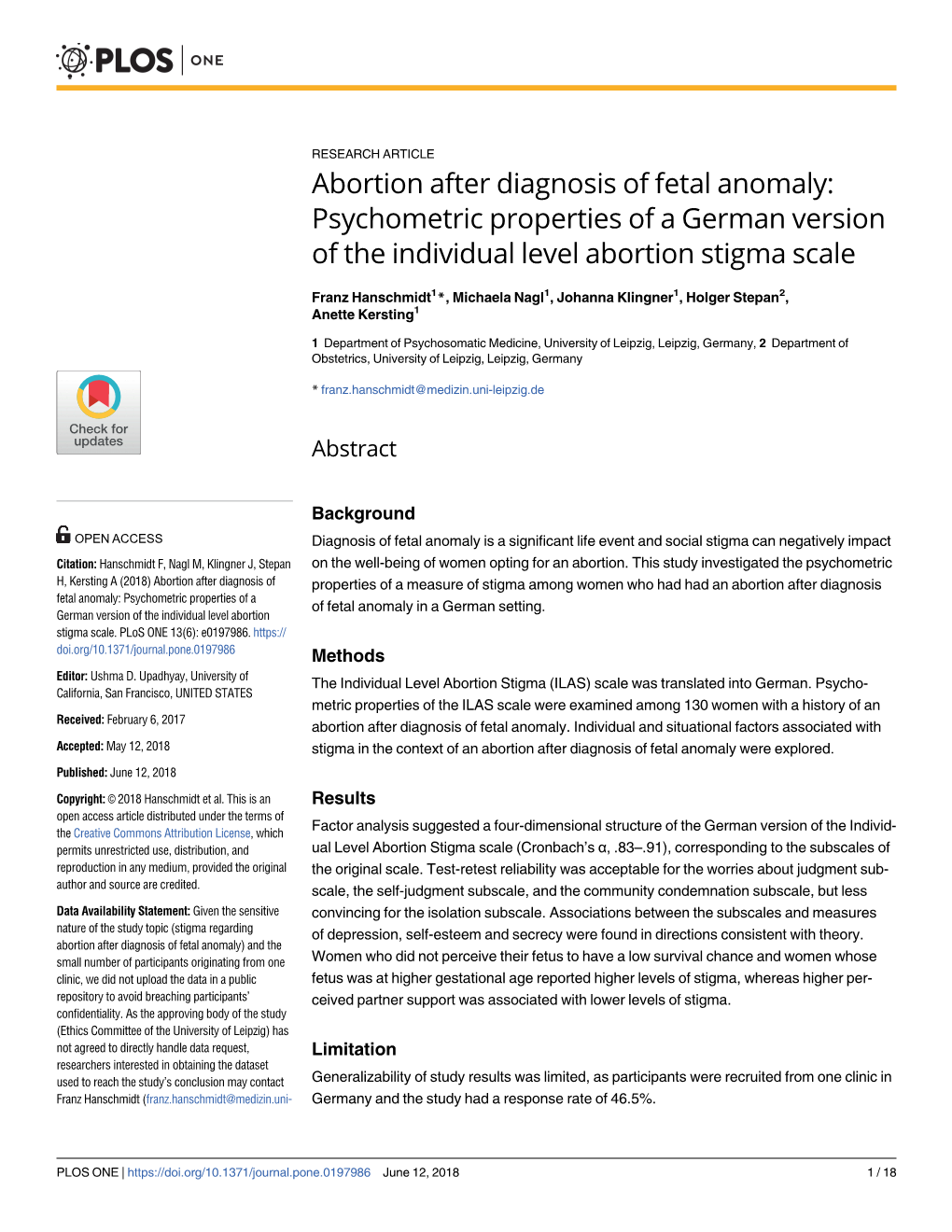 Abortion After Diagnosis of Fetal Anomaly: Psychometric Properties of a German Version of the Individual Level Abortion Stigma Scale