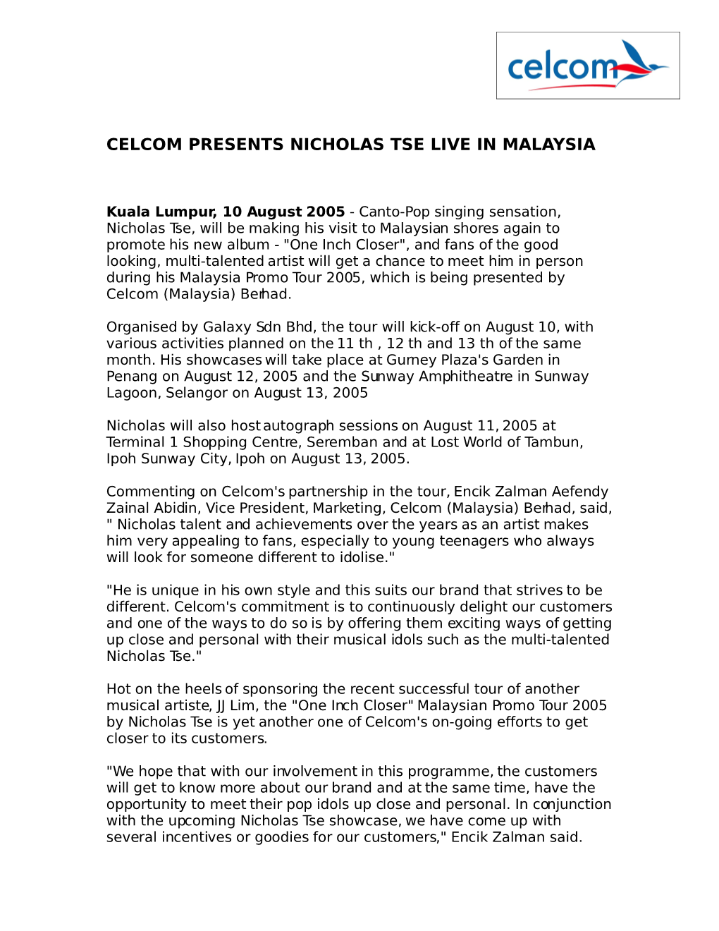 Celcom Presents Nicholas Tse Live in Malaysia