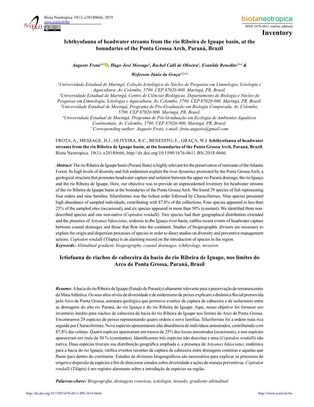 Ichthyofauna of Headwater Streams from the Rio Ribeira De Iguape Basin, at the Boundaries of the Ponta Grossa Arch, Paraná, Brazil