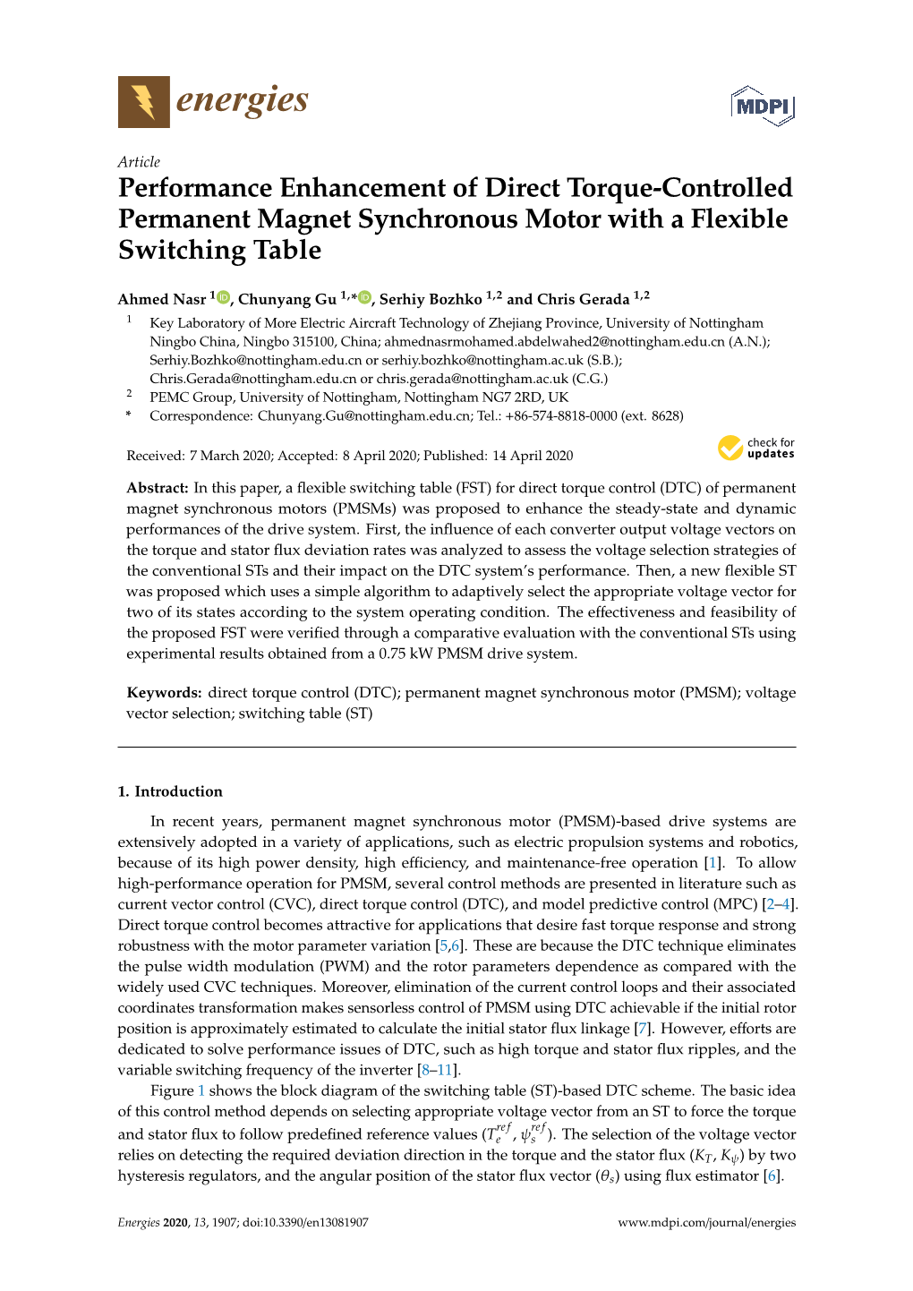 Performance Enhancement of Direct Torque-Controlled Permanent Magnet Synchronous Motor with a Flexible Switching Table