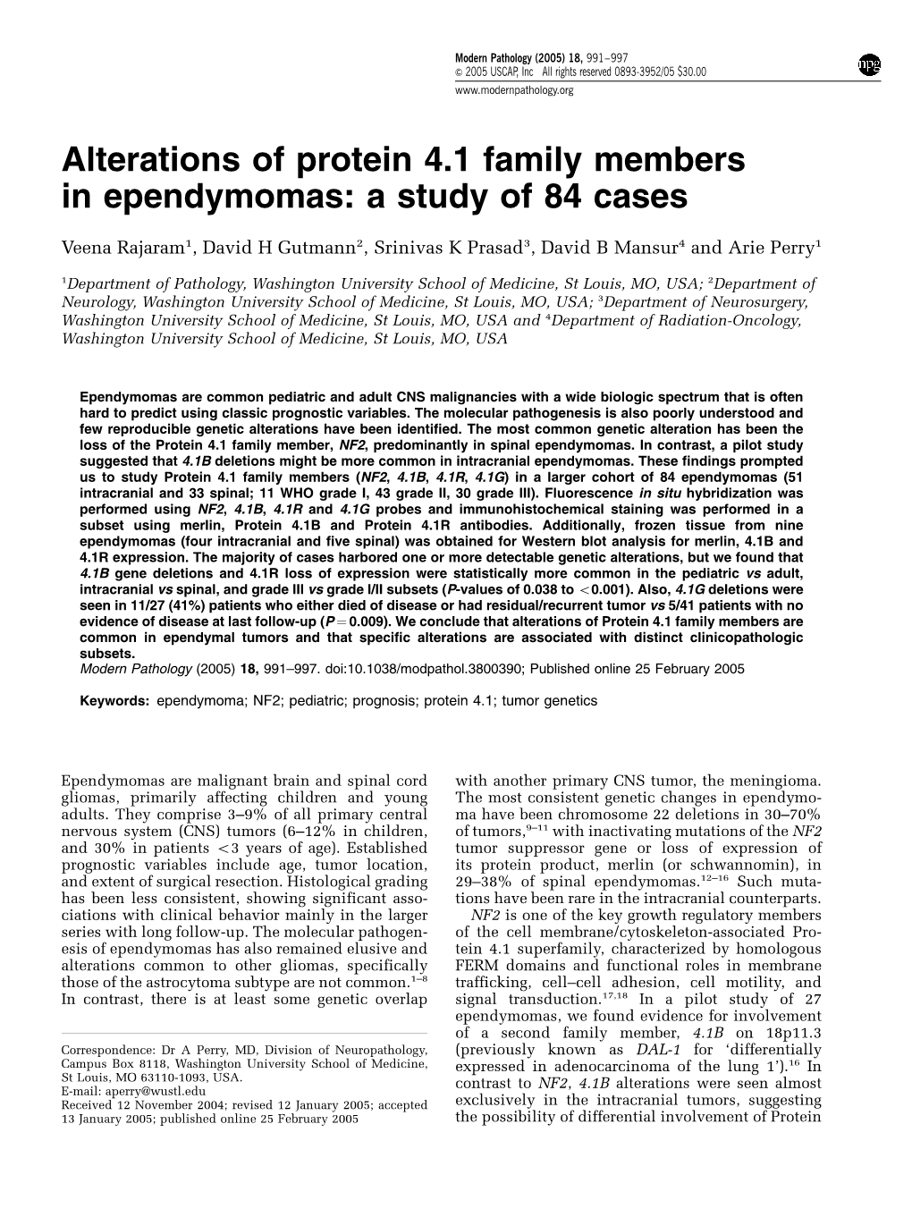 Alterations of Protein 4.1 Family Members in Ependymomas: a Study of 84 Cases