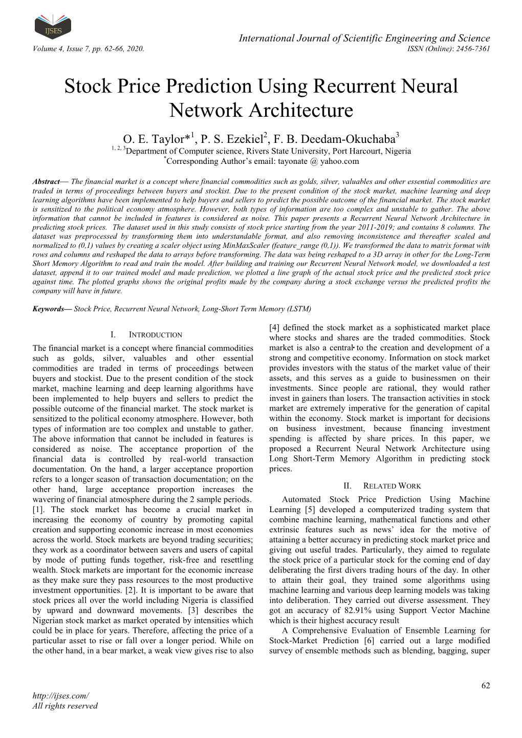 Stock Price Prediction Using Recurrent Neural Network Architecture