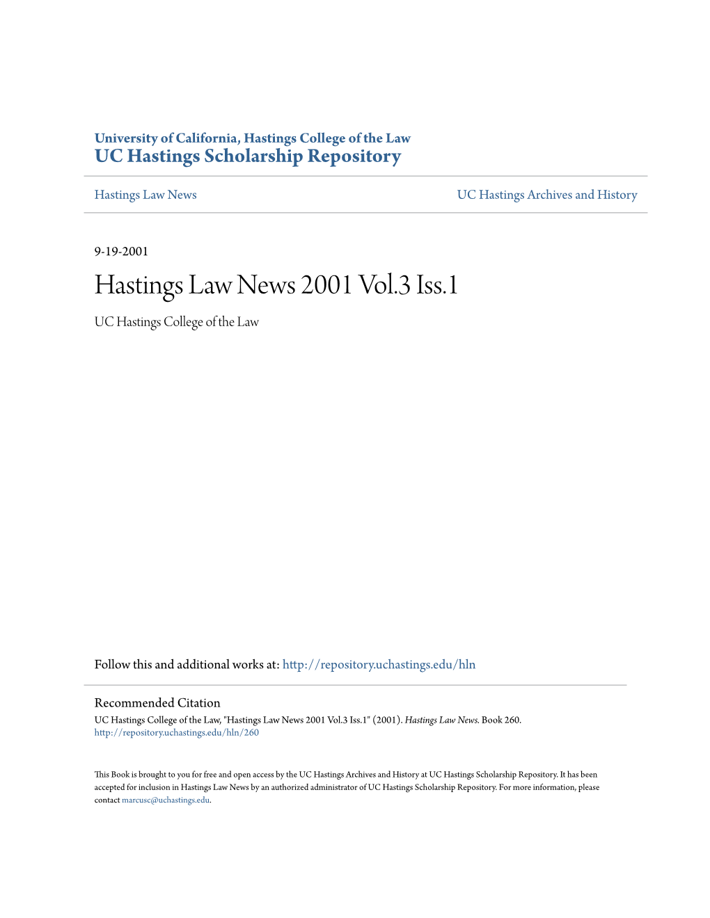 Hastings Law News 2001 Vol.3 Iss.1 UC Hastings College of the Law