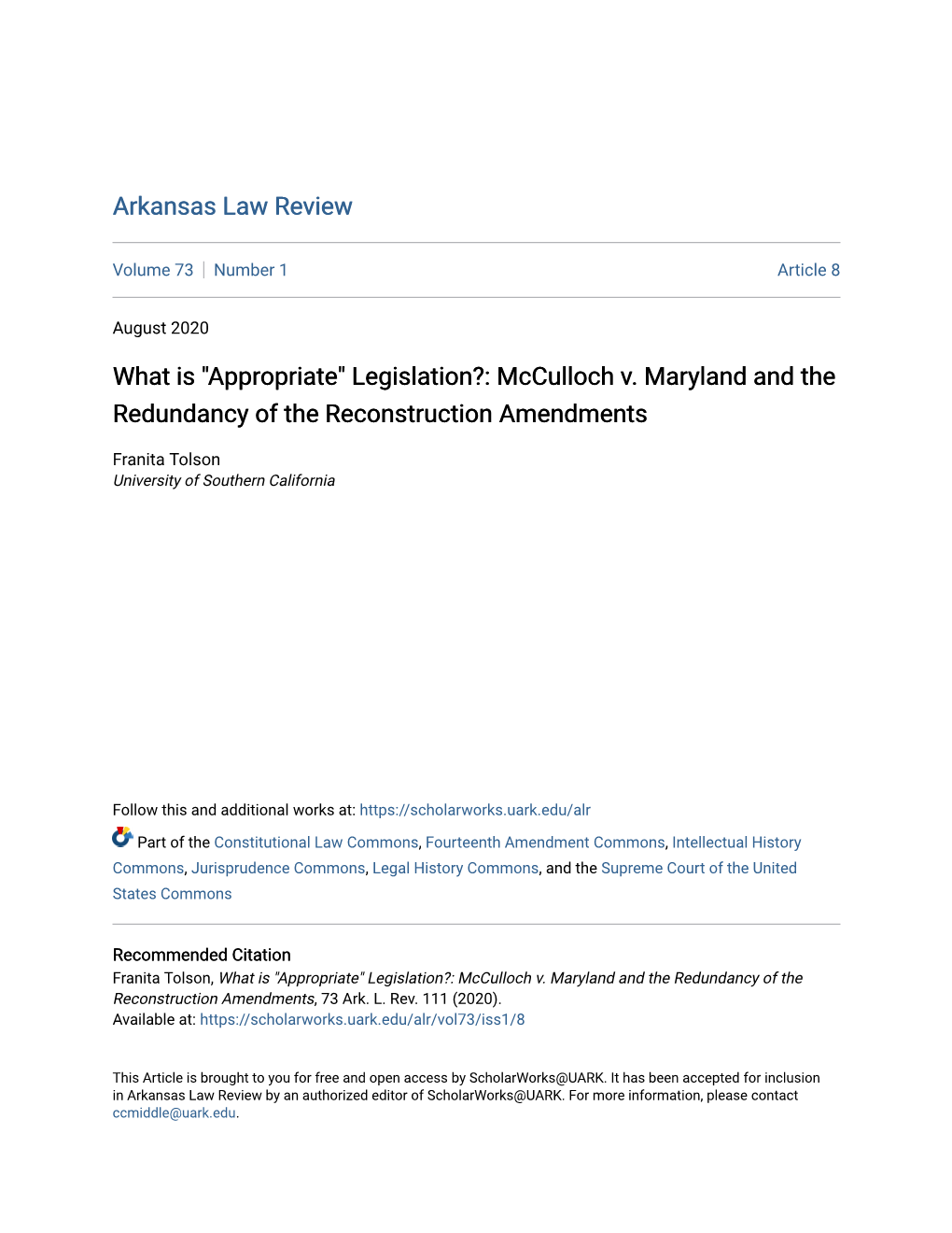 "Appropriate" Legislation?: Mcculloch V. Maryland and the Redundancy of the Reconstruction Amendments