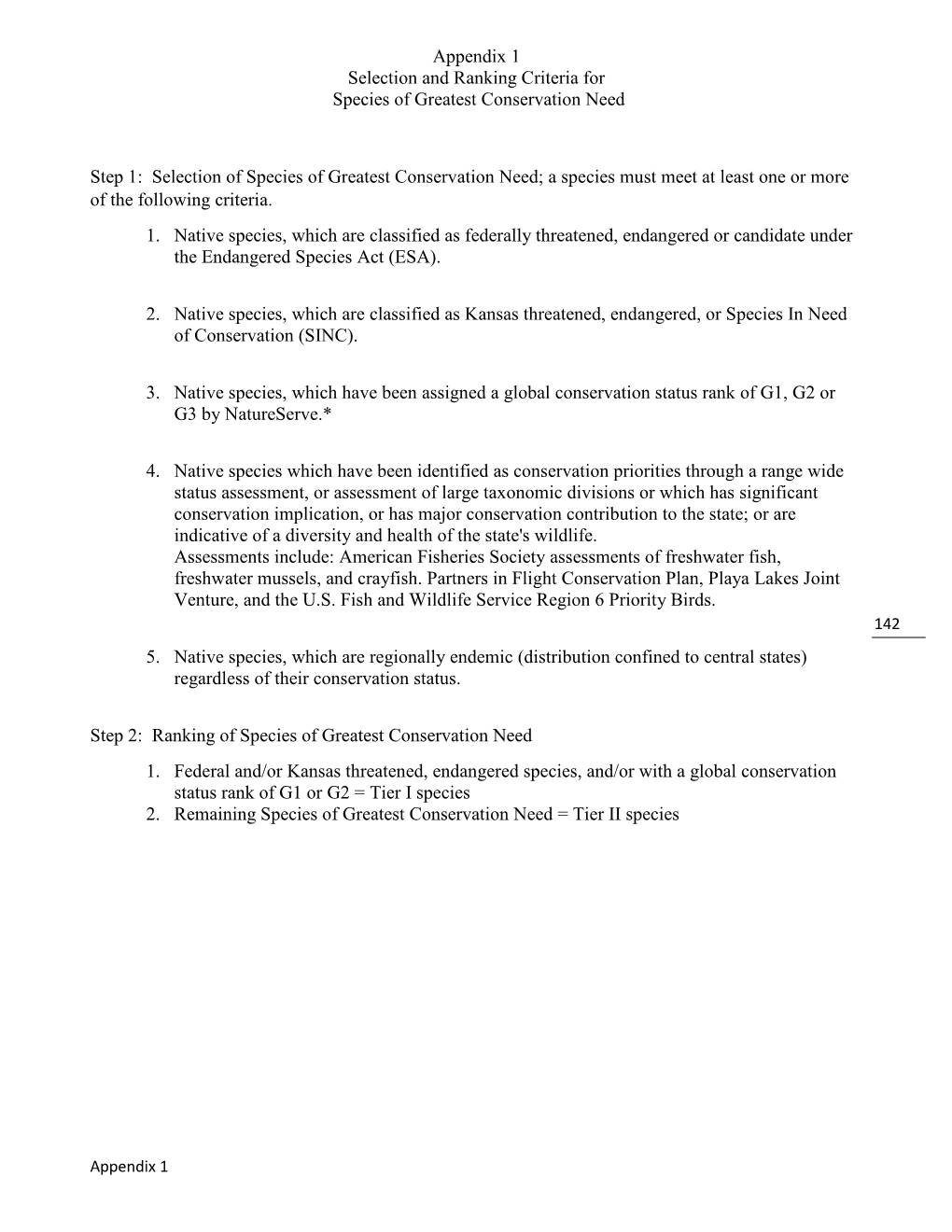 Appendix 1 Selection and Ranking Criteria for Species of Greatest Conservation Need Step 1: Selection of Species of Greatest Co