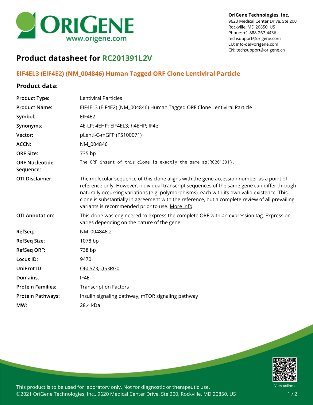 EIF4EL3 (EIF4E2) (NM 004846) Human Tagged ORF Clone Lentiviral Particle Product Data