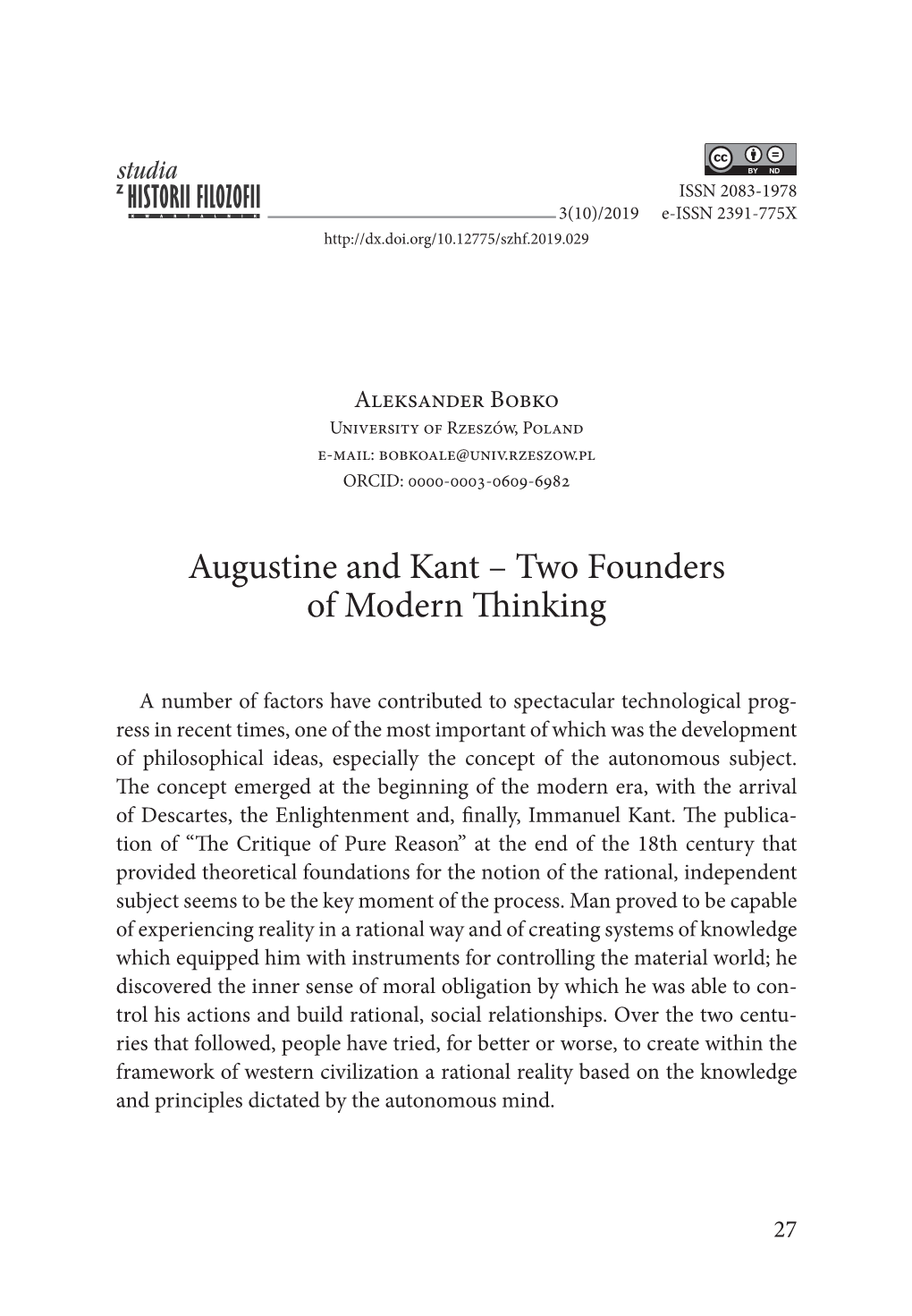Augustine and Kant – Two Founders of Modern Thinking