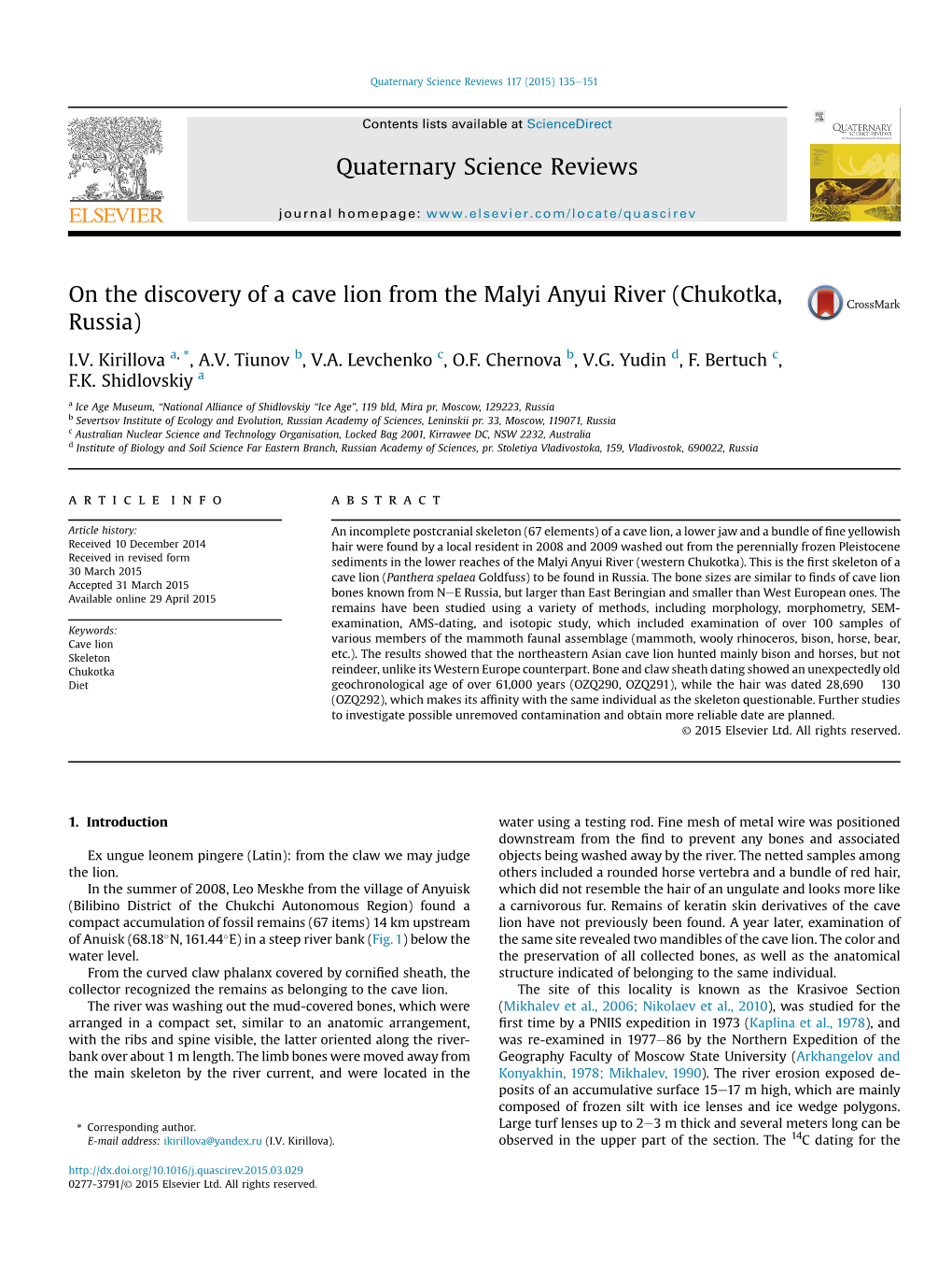 On the Discovery of a Cave Lion from the Malyi Anyui River (Chukotka, Russia)