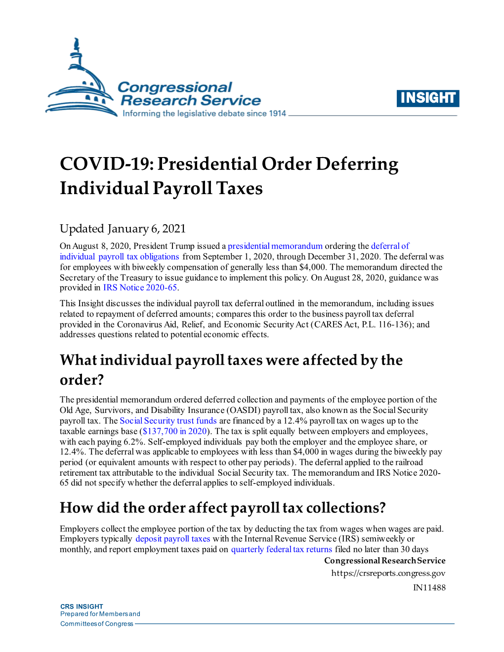 Presidential Order Deferring Individual Payroll Taxes