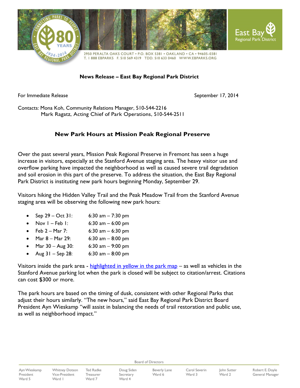 New Park Hours at Mission Peak Regional Preserve Over the Past
