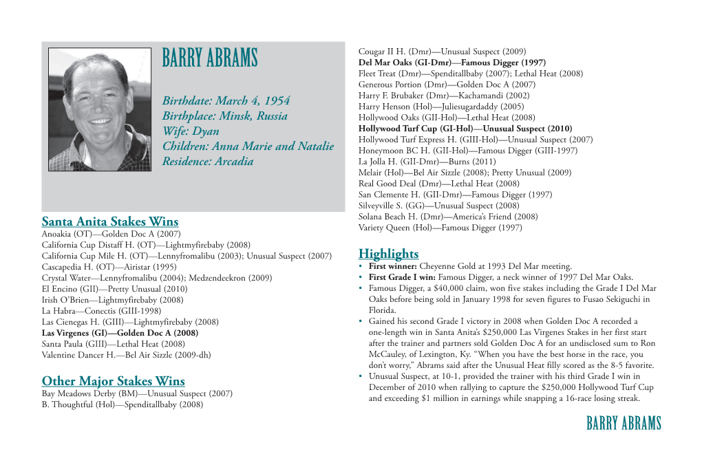 BARRY ABRAMS Del Mar Oaks (GI-Dmr)—Famous Digger (1997) Fleet Treat (Dmr)—Spenditallbaby (2007); Lethal Heat (2008) Generous Portion (Dmr)—Golden Doc a (2007) Harry F