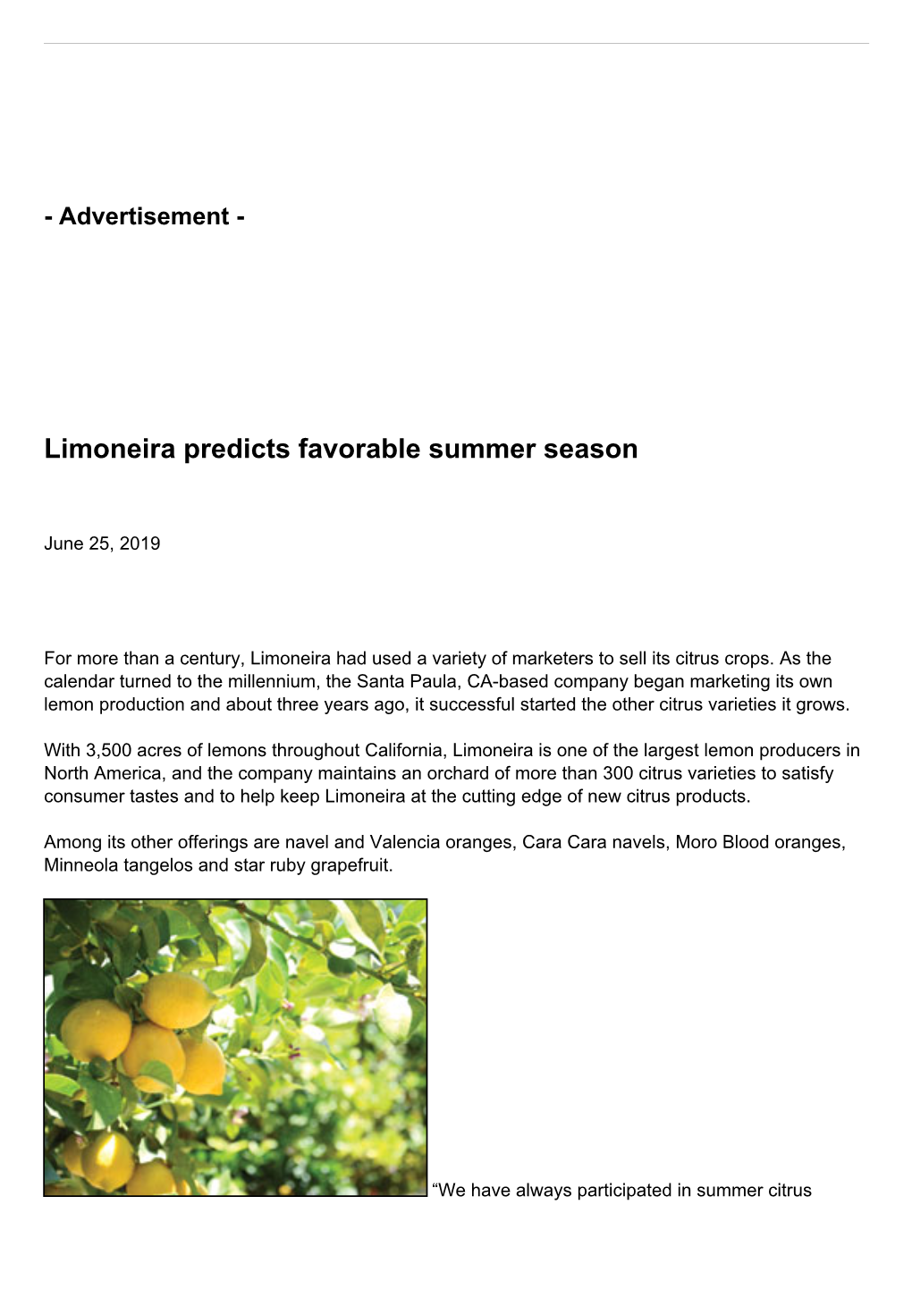 Limoneira Predicts Favorable Summer Season