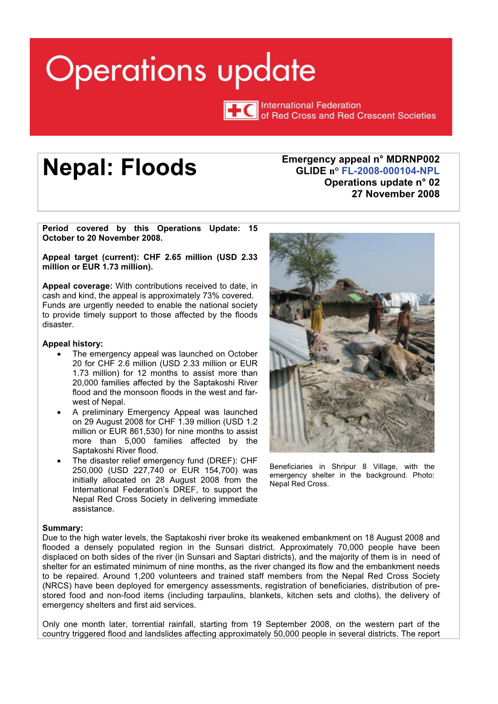 Nepal: Floods GLIDE N° FL-2008-000104-NPL Operations Update N° 02 27 November 2008