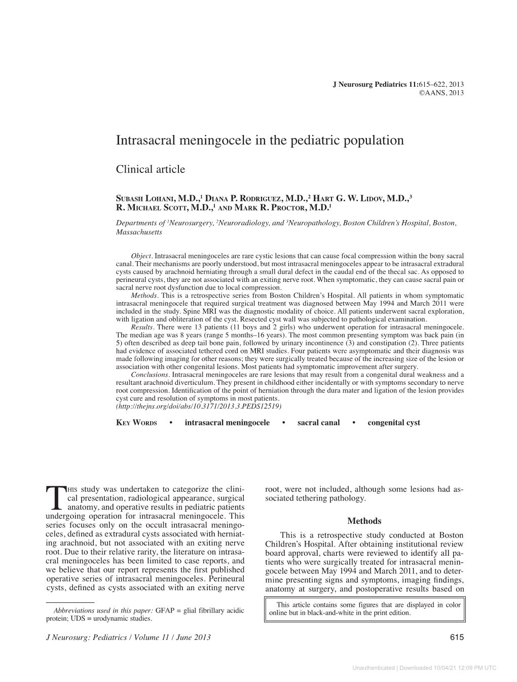 Intrasacral Meningocele in the Pediatric Population