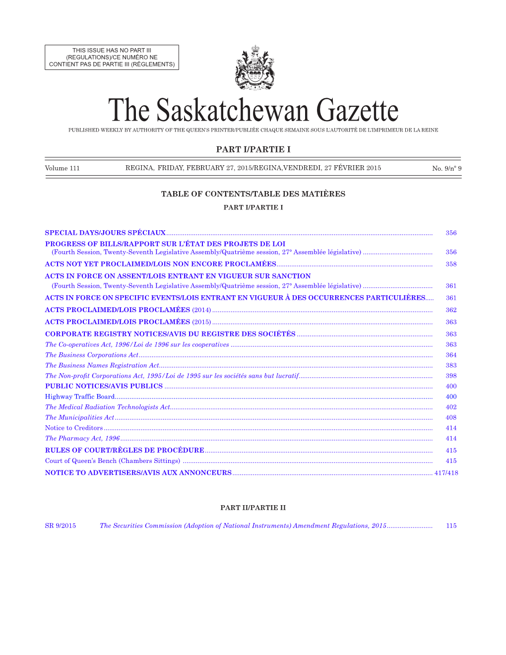 Gazette Part I, February 27, 2015