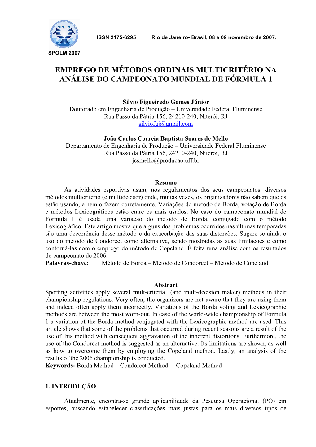 Emprego De Métodos Ordinais Multicritério Na Análise Do Campeonato Mundial De Fórmula 1