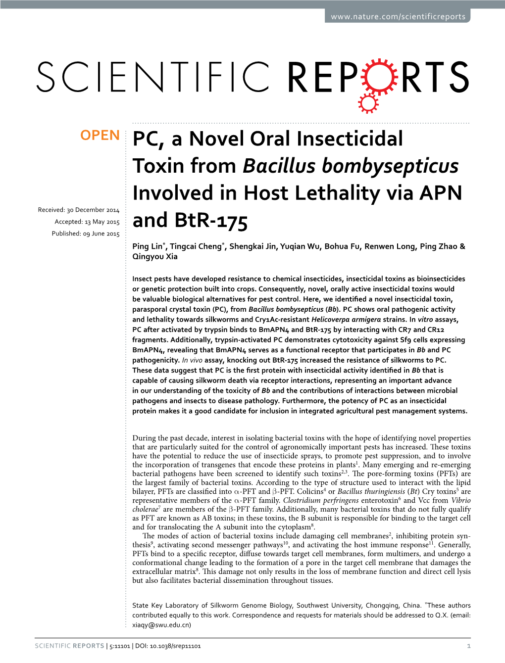 PC, a Novel Oral Insecticidal Toxin from Bacillus Bombysepticus