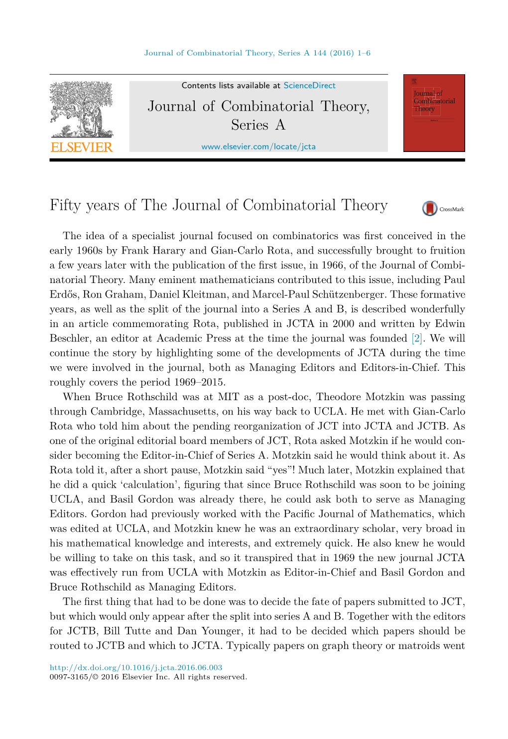 Fifty Years of the Journal of Combinatorial Theory