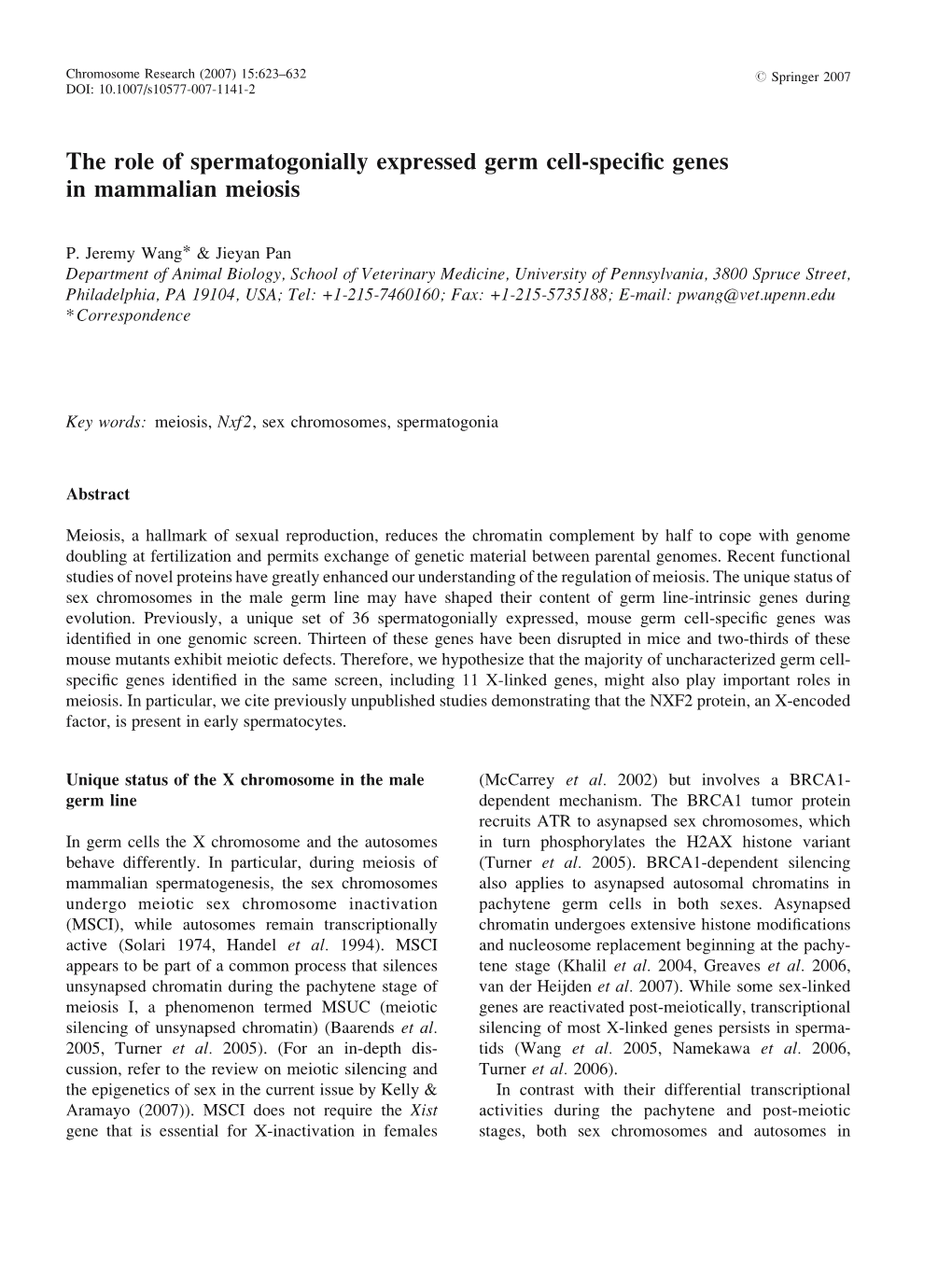 The Role of Spermatogonially Expressed Germ Cell-Specific Genes