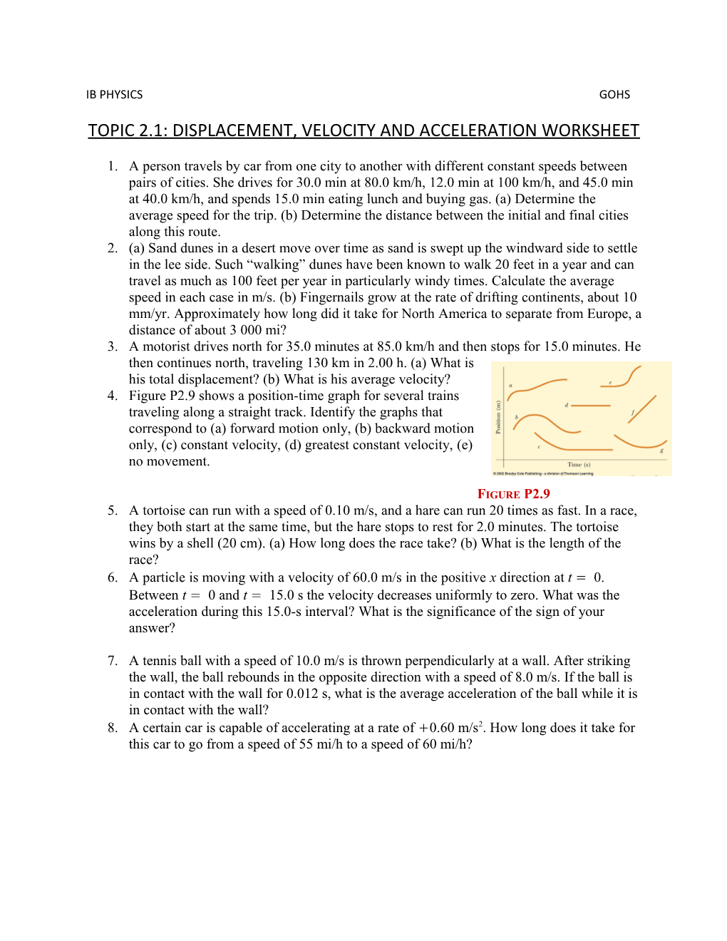 Topic 2.1: Displacement, Velocity and Acceleration Worksheet