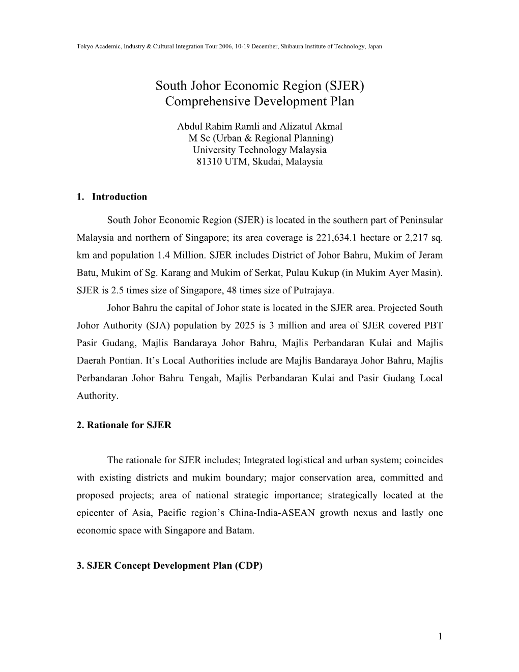 South Johor Economic Region (SJER) Comprehensive Development Plan