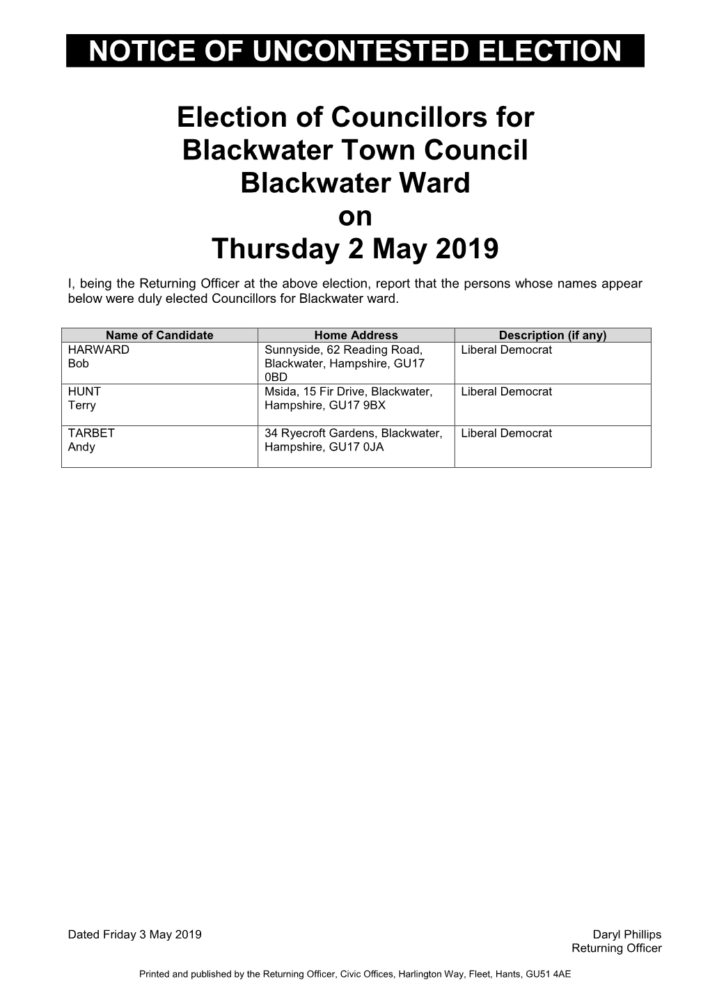 May 2019 Uncontested Results for Parish Councils