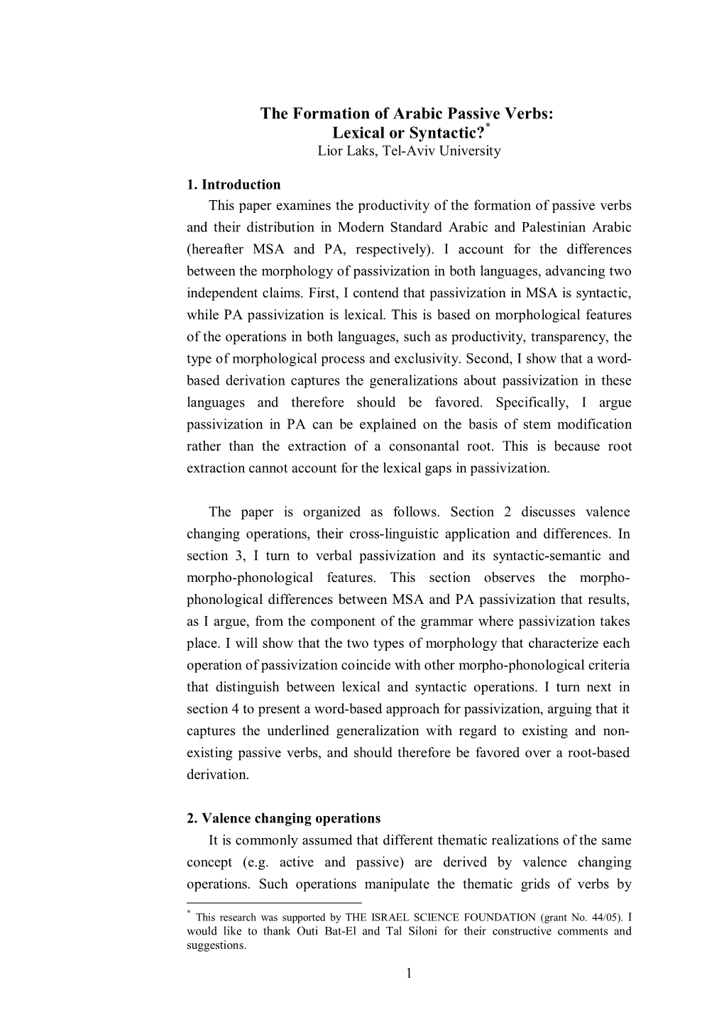 The Formation of Arabic Passive Verbs: Lexical Or Syntactic?* Lior Laks, Tel-Aviv University