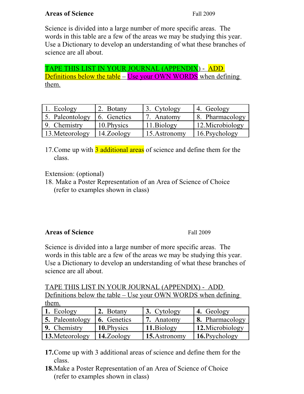 Areas of Science