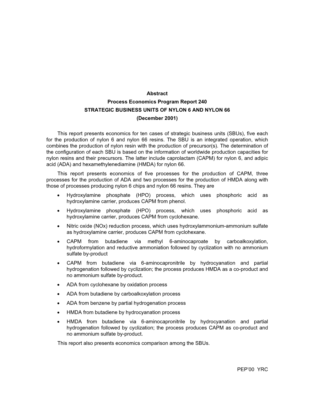 STRATEGIC BUSINESS UNITS of NYLON 6 and NYLON 66 (December 2001)