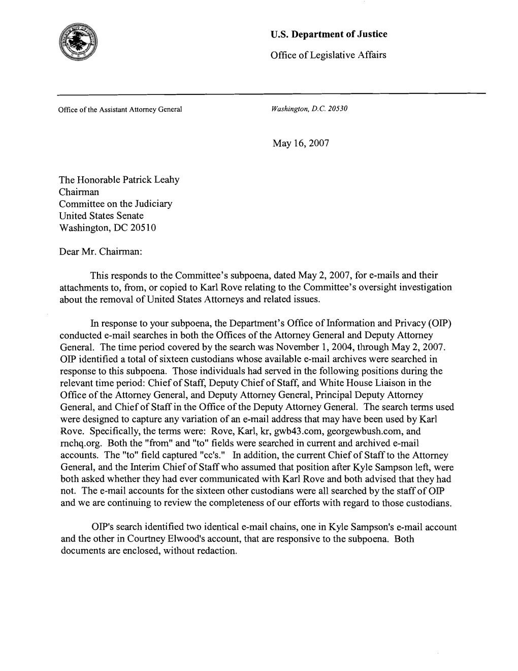 U.S. Department of Justice Office of Legislative Affairs May 16,2007 The