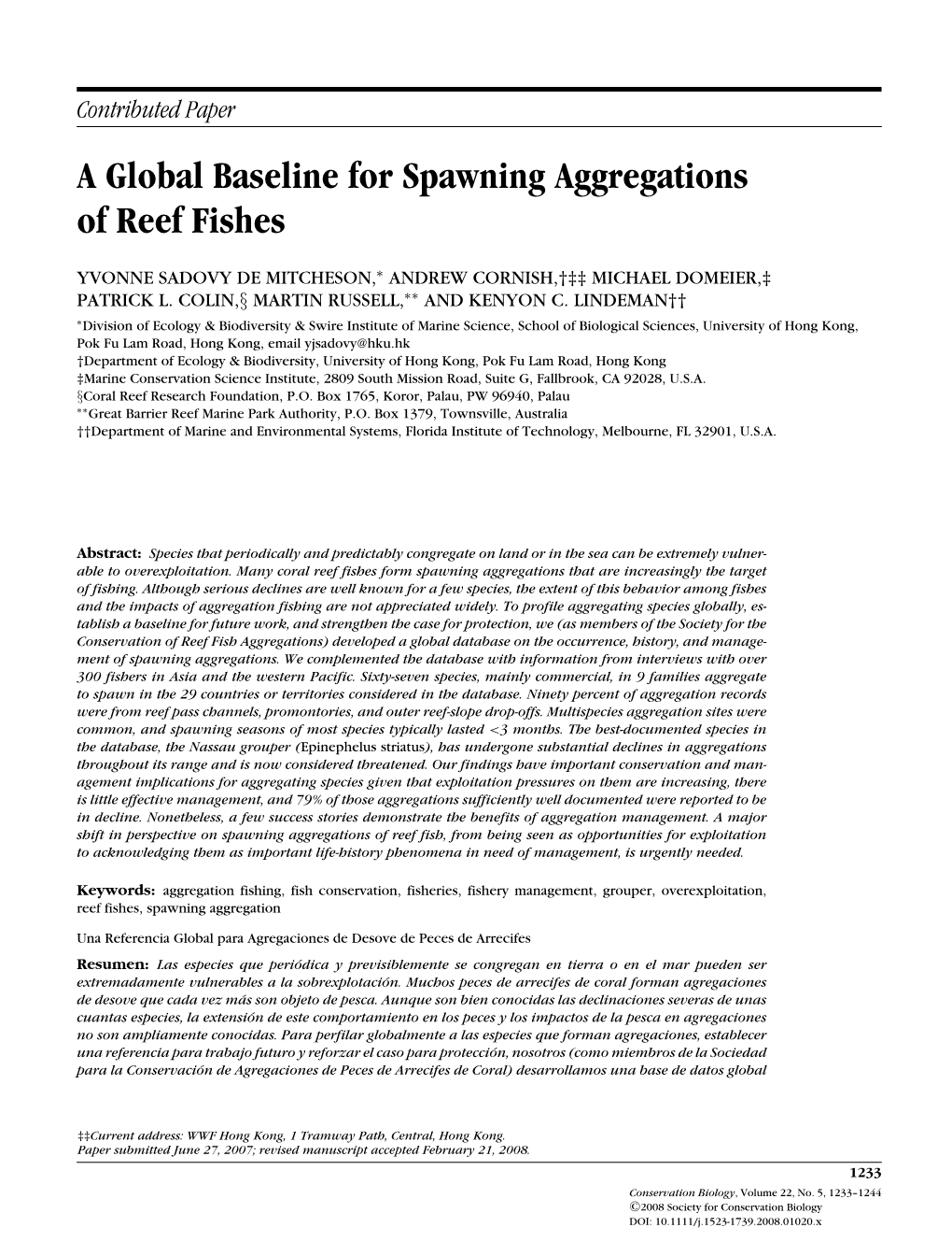 A Global Baseline for Spawning Aggregations of Reef Fishes