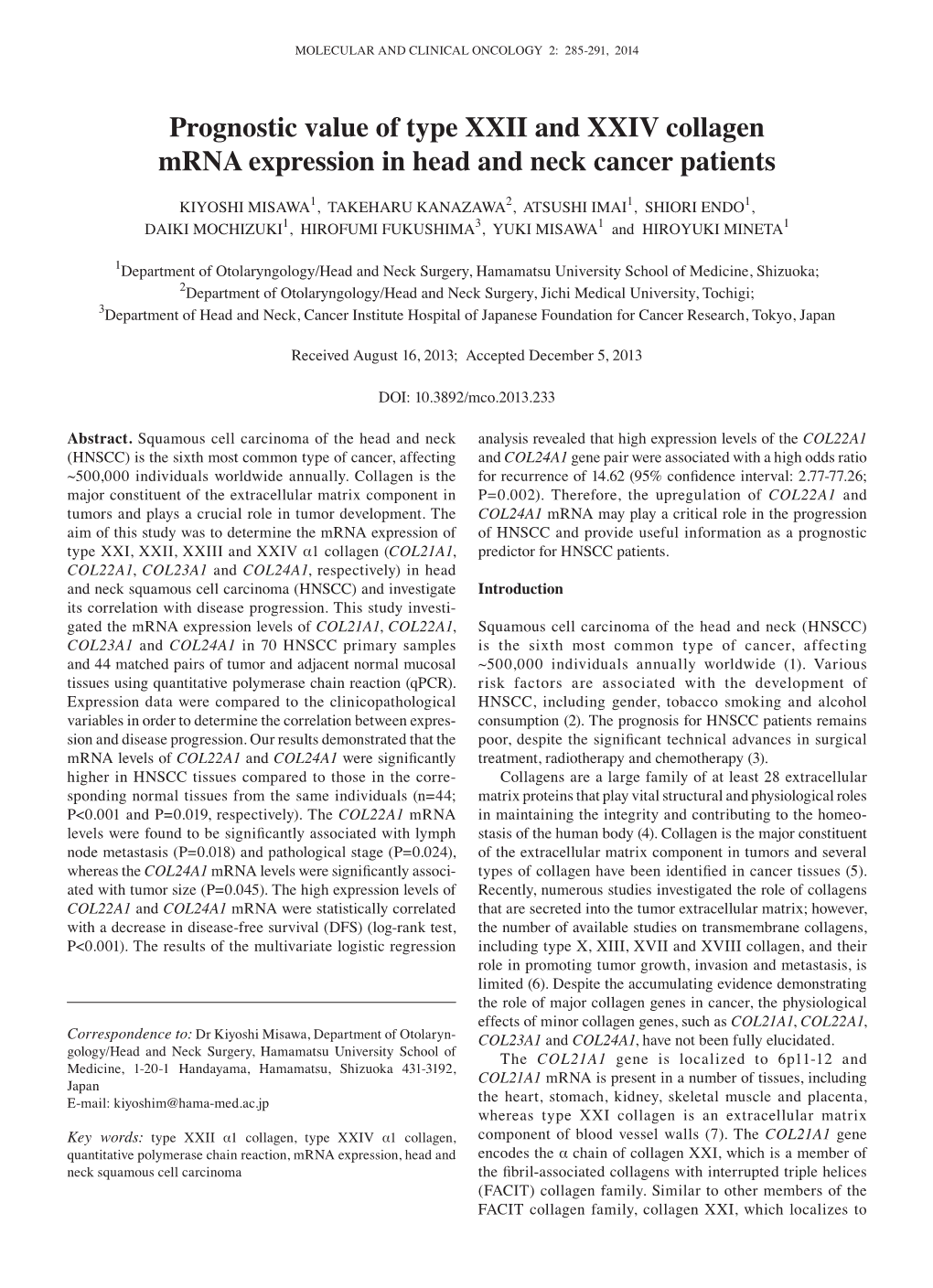 Prognostic Value of Type XXII and XXIV Collagen Mrna Expression in Head and Neck Cancer Patients