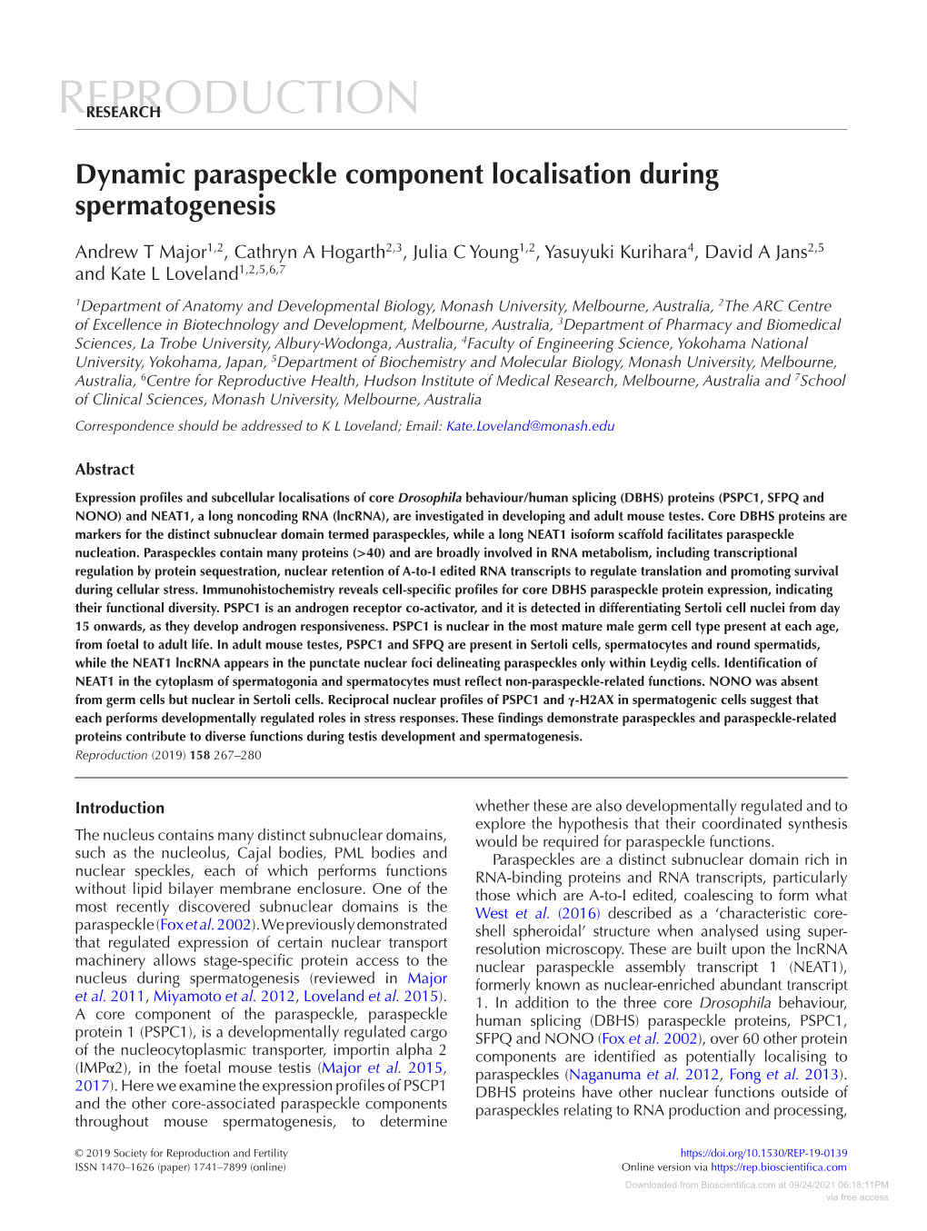 Dynamic Paraspeckle Component Localisation During Spermatogenesis